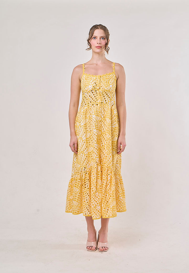 Chandler Yellow Sleeveless Pleated  Eyelet Maxi Dress