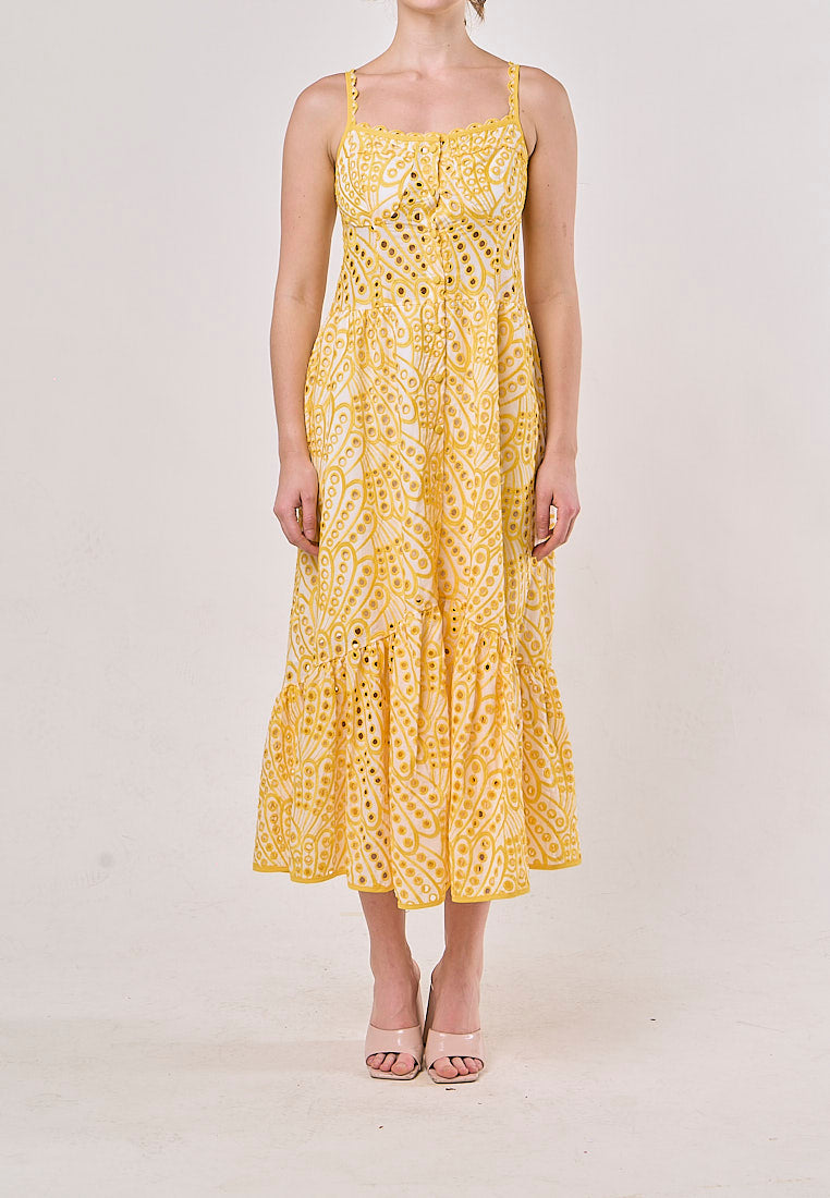 Chandler Yellow Sleeveless Pleated  Eyelet Maxi Dress