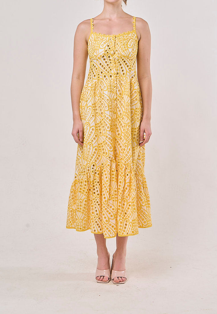 Chandler Yellow Sleeveless Pleated  Eyelet Maxi Dress