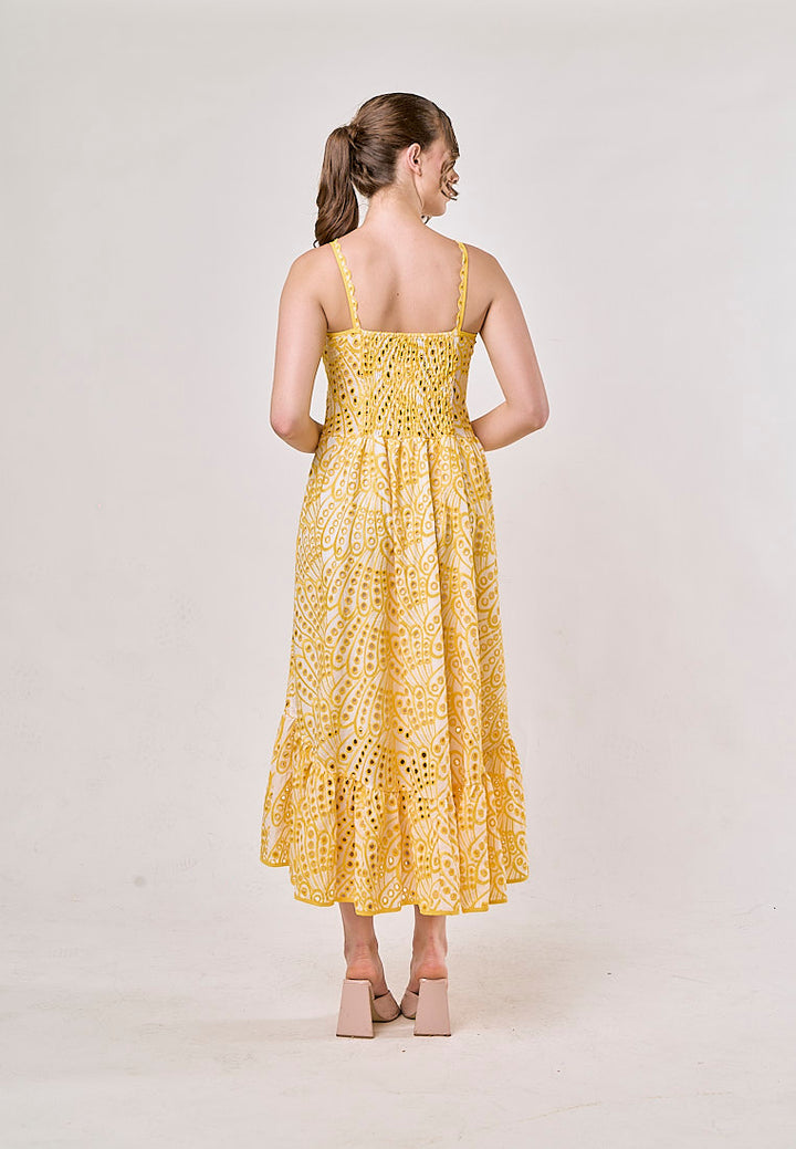 Chandler Yellow Sleeveless Pleated  Eyelet Maxi Dress
