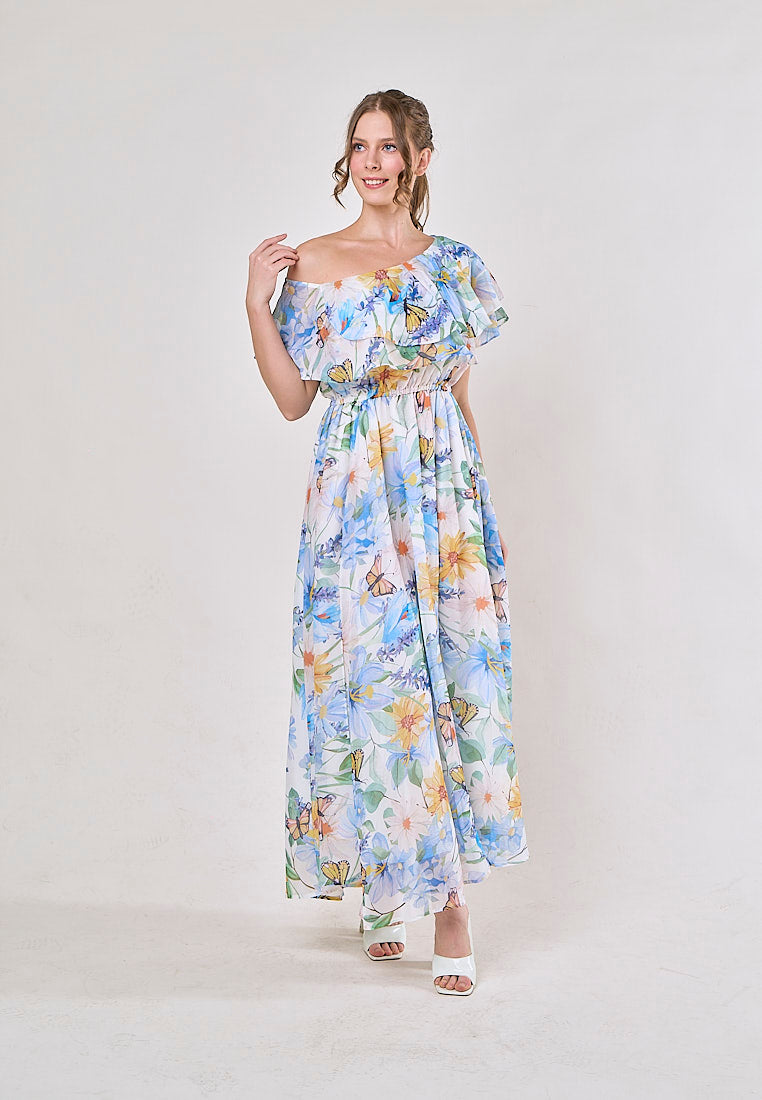 Thanh Blue Floral Pint Smocked Waist  Asymetrical Maxi Dress