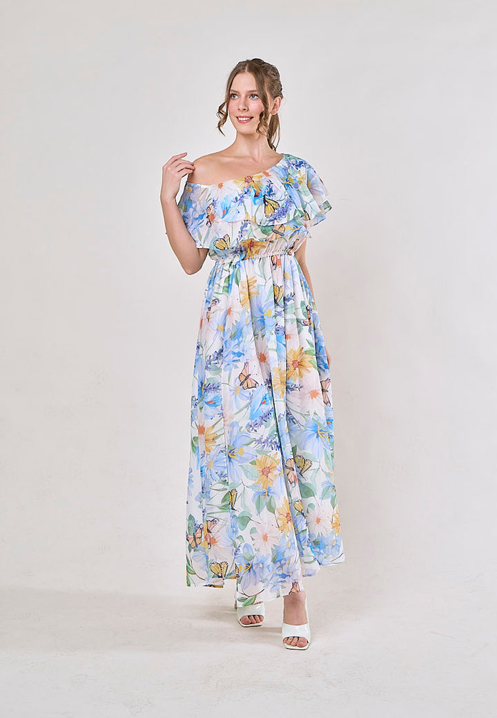Thanh Blue Floral Pint Smocked Waist  Asymetrical Maxi Dress