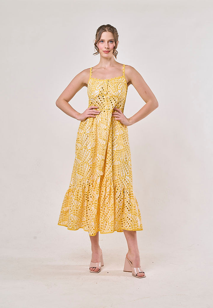 Chandler Yellow Sleeveless Pleated  Eyelet Maxi Dress
