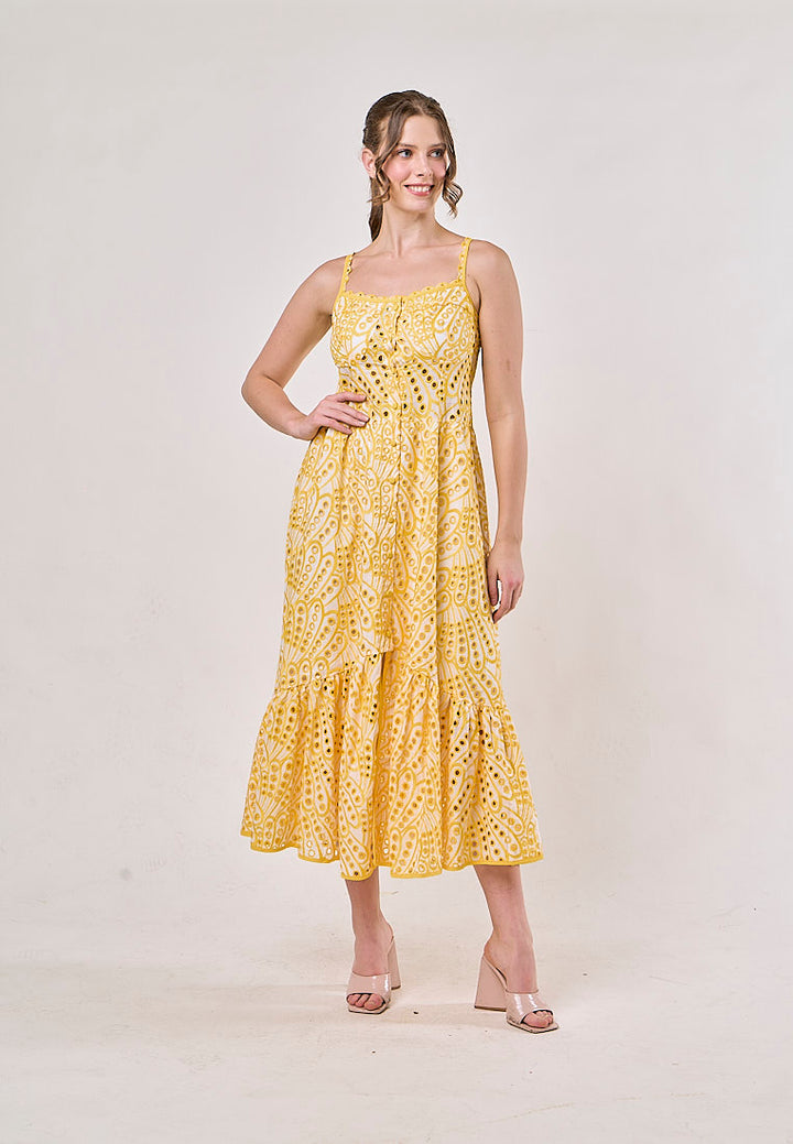 Chandler Yellow Sleeveless Pleated  Eyelet Maxi Dress