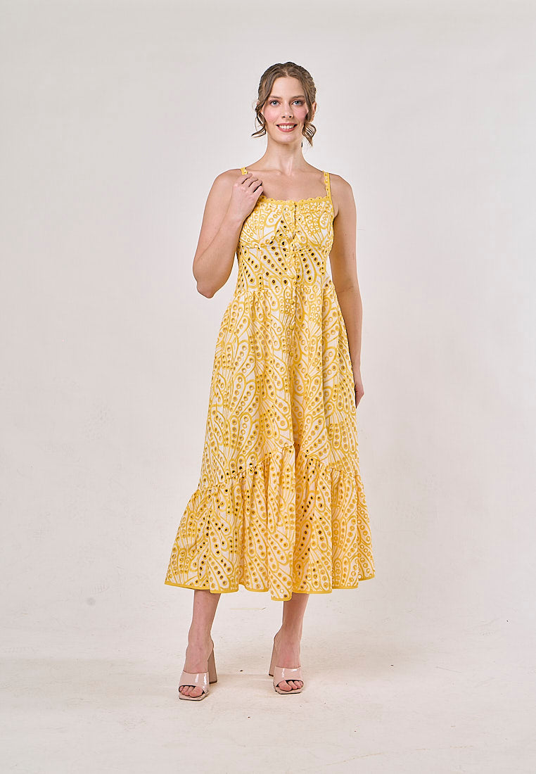 Chandler Yellow Sleeveless Pleated  Eyelet Maxi Dress