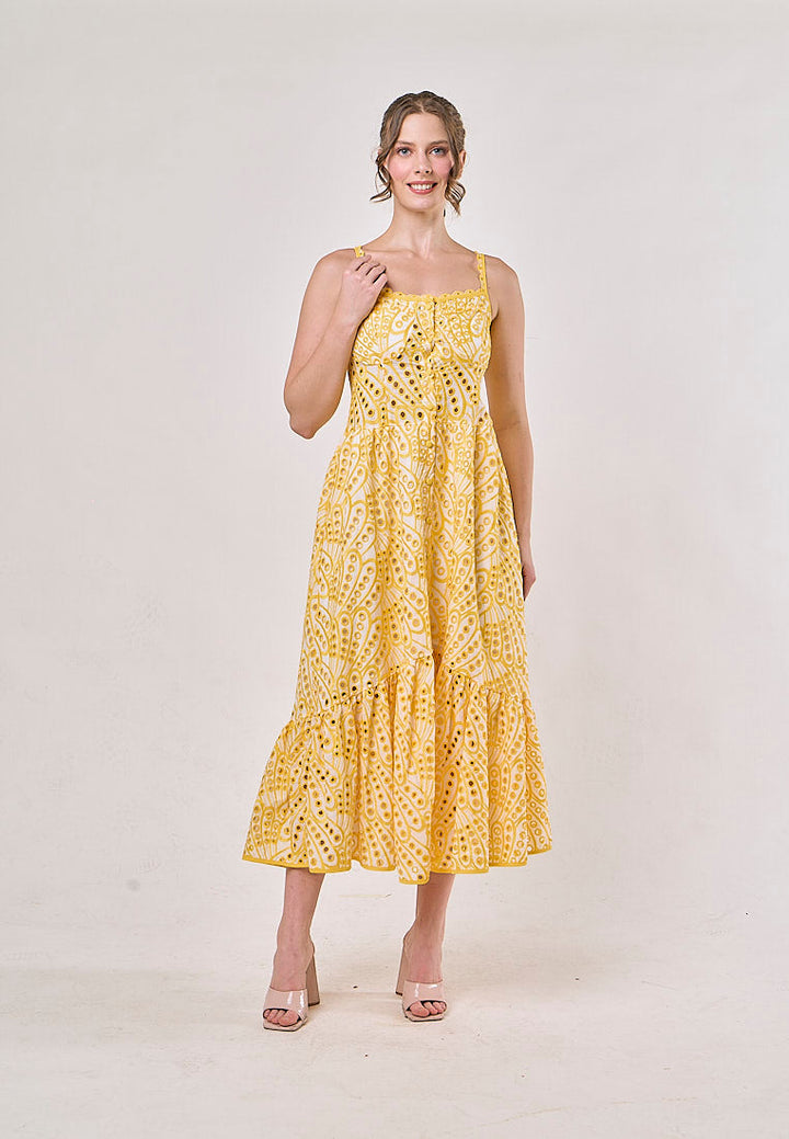 Chandler Yellow Sleeveless Pleated  Eyelet Maxi Dress