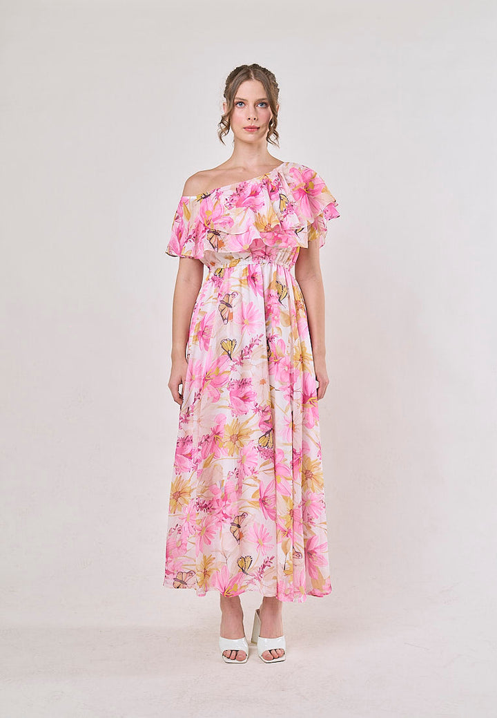 Thanh Pink Floral Pint Smocked Waist  Asymmetrical Maxi Dress