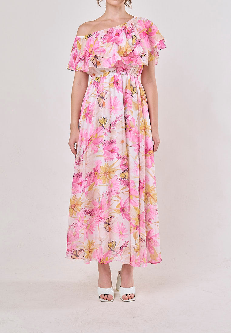 Thanh Pink Floral Pint Smocked Waist  Asymmetrical Maxi Dress