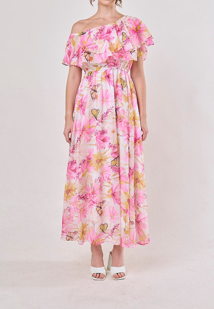 Thanh Pink Floral Pint Smocked Waist  Asymmetrical Maxi Dress
