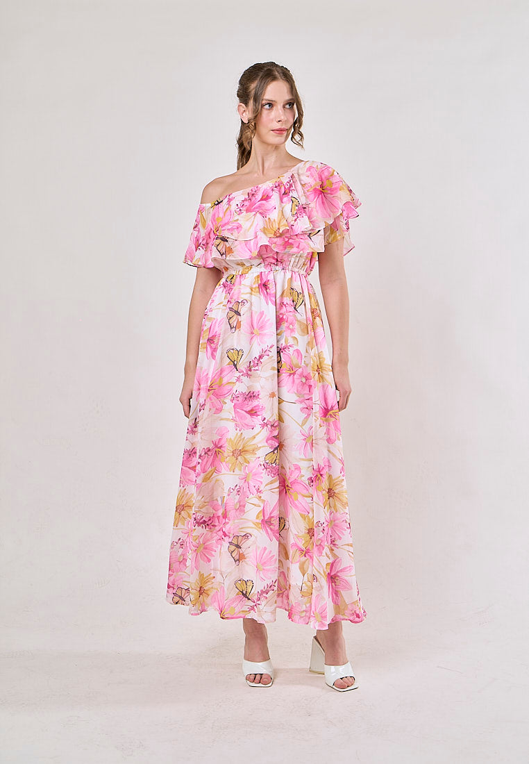 Thanh Pink Floral Pint Smocked Waist  Asymmetrical Maxi Dress