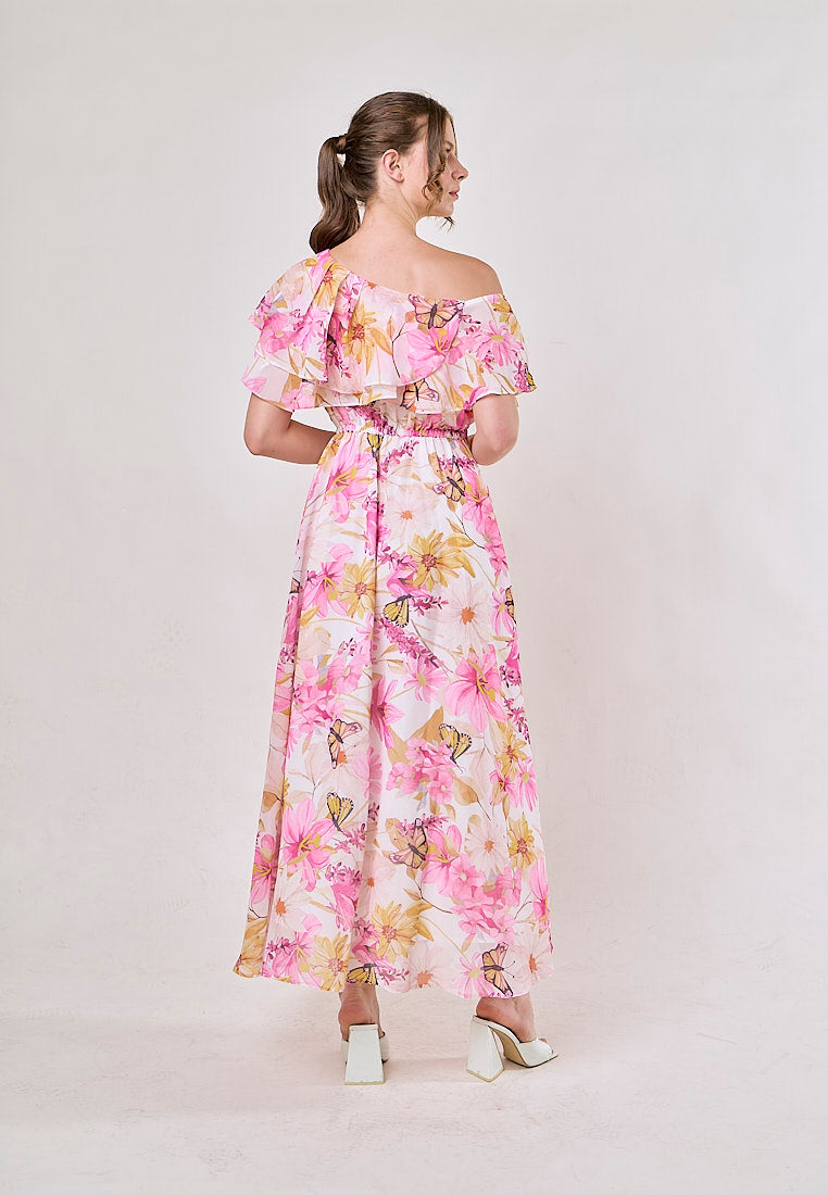 Thanh Pink Floral Pint Smocked Waist  Asymmetrical Maxi Dress