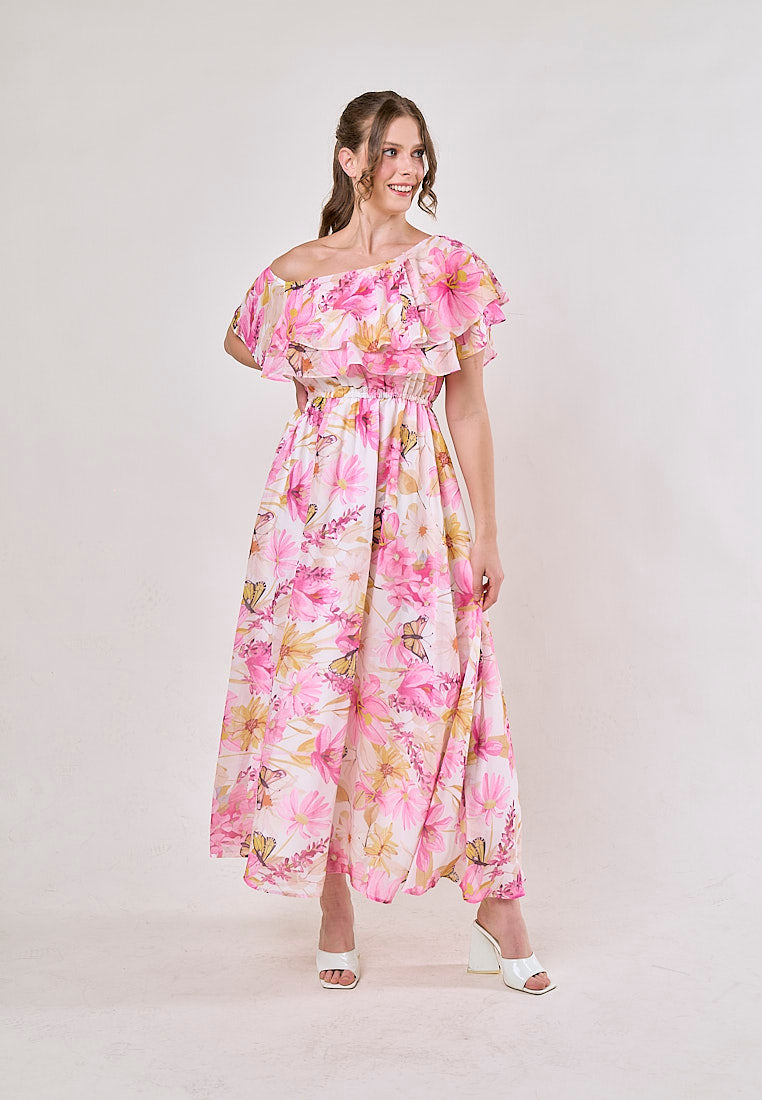 Thanh Pink Floral Pint Smocked Waist  Asymmetrical Maxi Dress