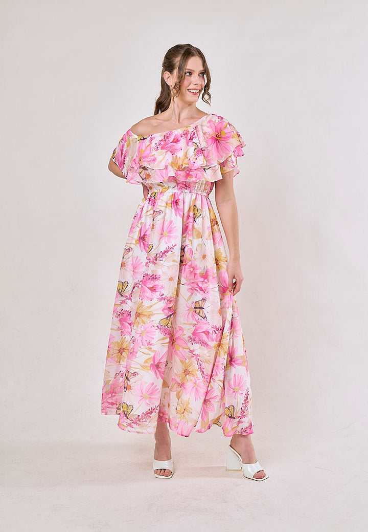 Thanh Pink Floral Pint Smocked Waist  Asymmetrical Maxi Dress