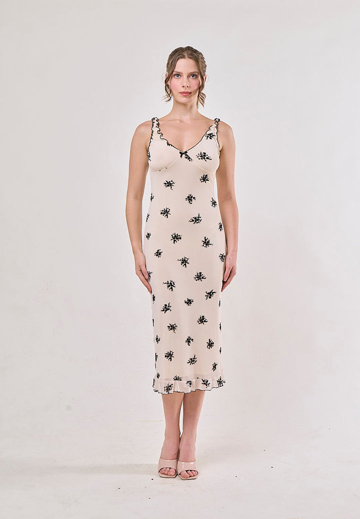 Dalton Beige Floral Mesh Print Sleeveless Midi  Dress