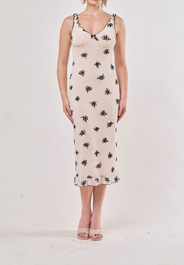 Dalton Beige Floral Mesh Print Sleeveless Midi  Dress