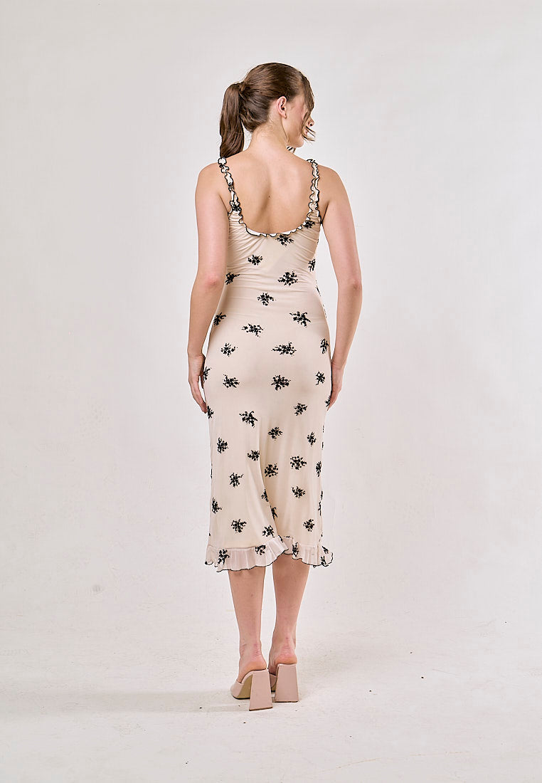 Dalton Beige Floral Mesh Print Sleeveless Midi  Dress