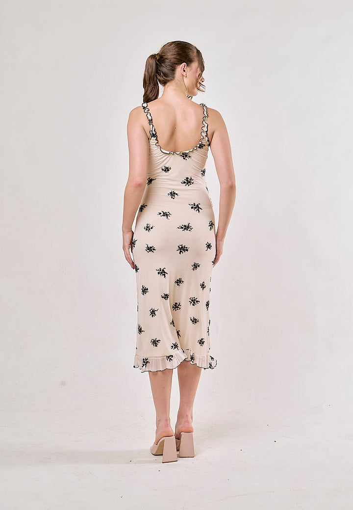 Dalton Beige Floral Mesh Print Sleeveless Midi  Dress