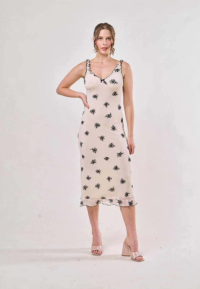 Dalton Beige Floral Mesh Print Sleeveless Midi  Dress