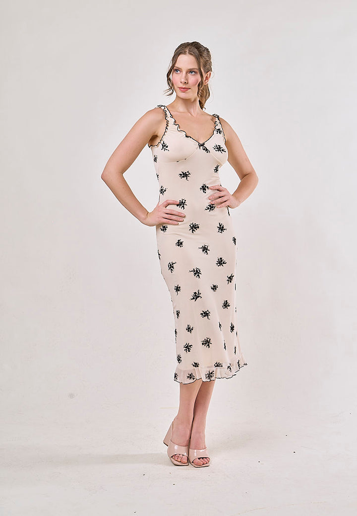 Dalton Beige Floral Mesh Print Sleeveless Midi  Dress
