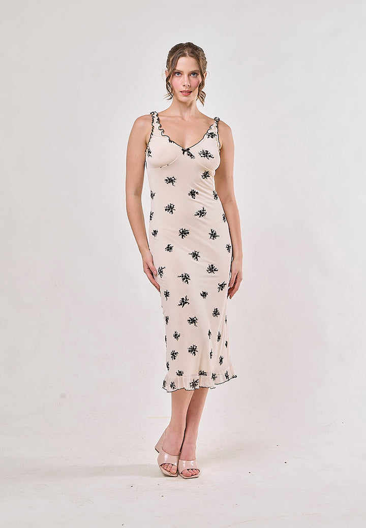 Dalton Beige Floral Mesh Print Sleeveless Midi  Dress