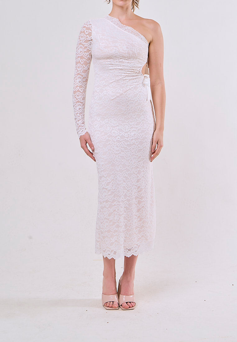 Arram White Asymmetrical Lace Hallow Side Midi Dress