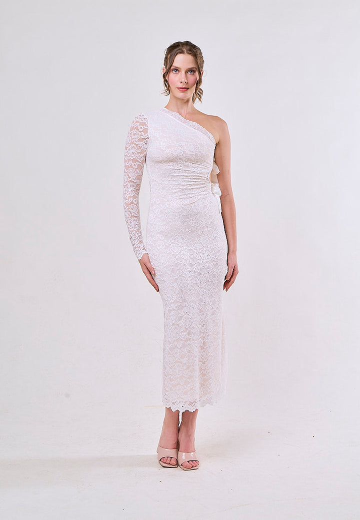 Arram White Asymmetrical Lace Hallow Side Midi Dress
