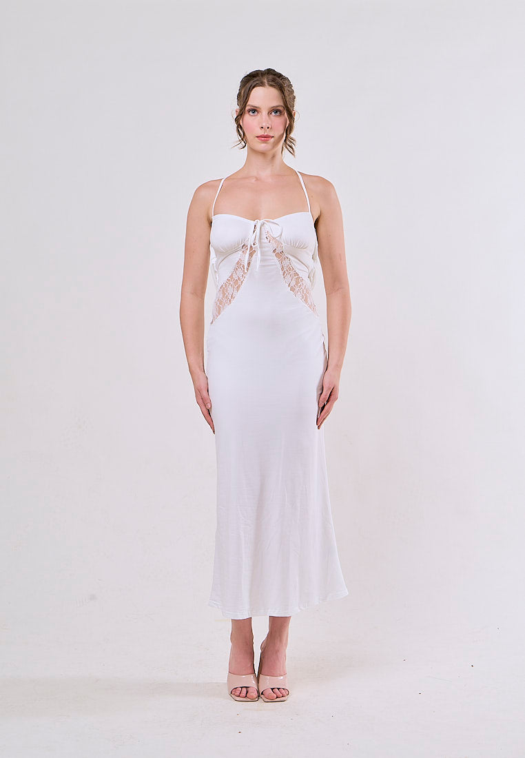 Rora White Halter V-Neck Backless Lace Sexy Maxi Dress