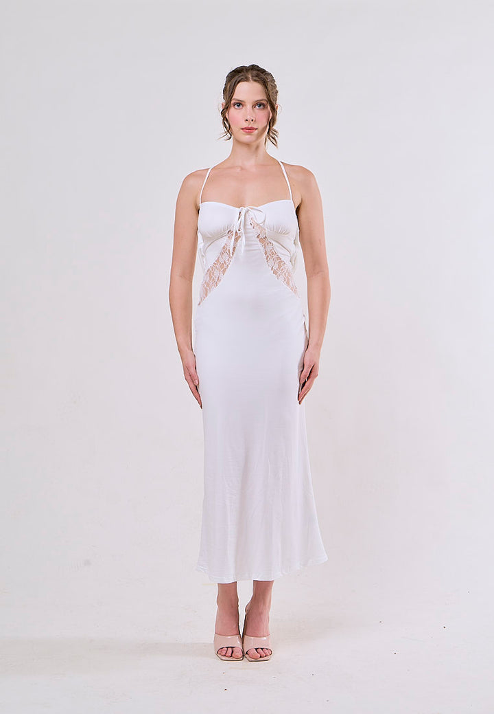 Rora White Halter V-Neck Backless Lace Sexy Maxi Dress