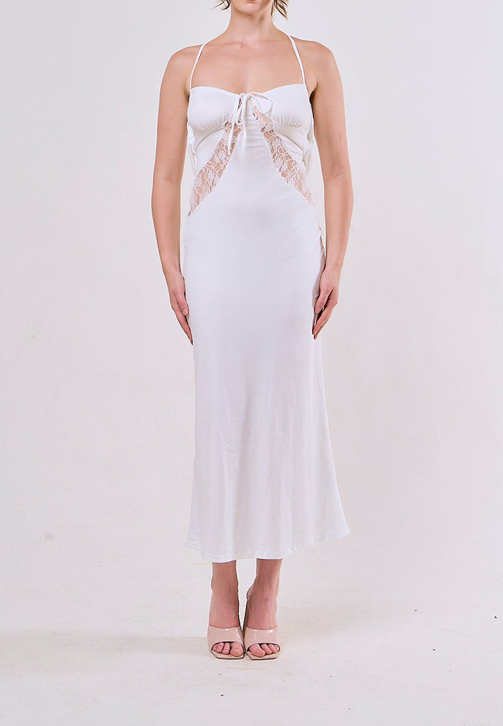 Rora White Halter V-Neck Backless Lace Sexy Maxi Dress