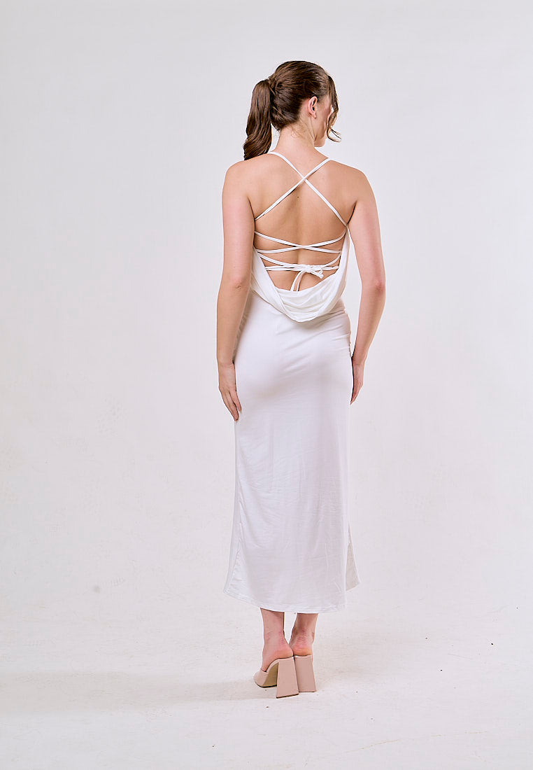 Rora White Halter V-Neck Backless Lace Sexy Maxi Dress