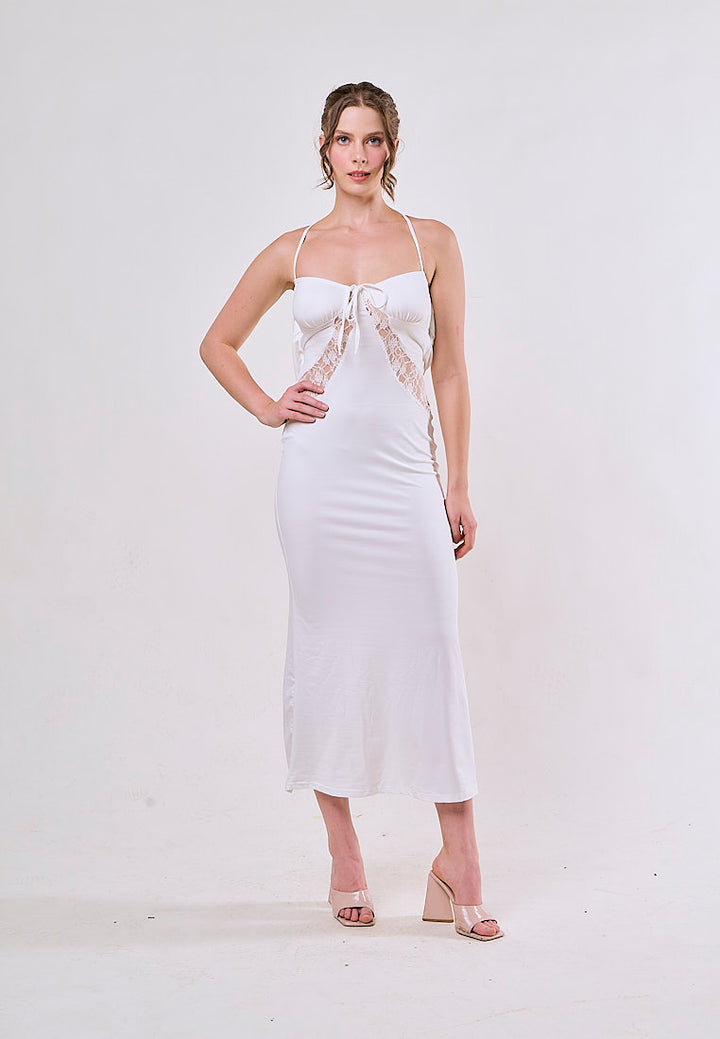 Rora White Halter V-Neck Backless Lace Sexy Maxi Dress