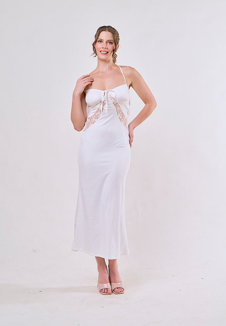 Rora White Halter V-Neck Backless Lace Sexy Maxi Dress