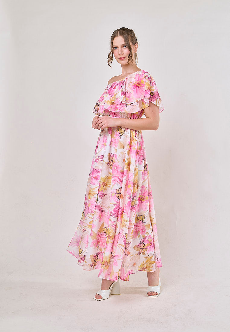 Thanh Pink Floral Pint Smocked Waist  Asymmetrical Maxi Dress