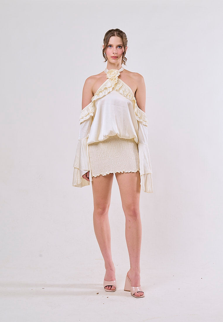 Pan Cream Halter Long Sleeved High Waisted Camisole Mini Dress