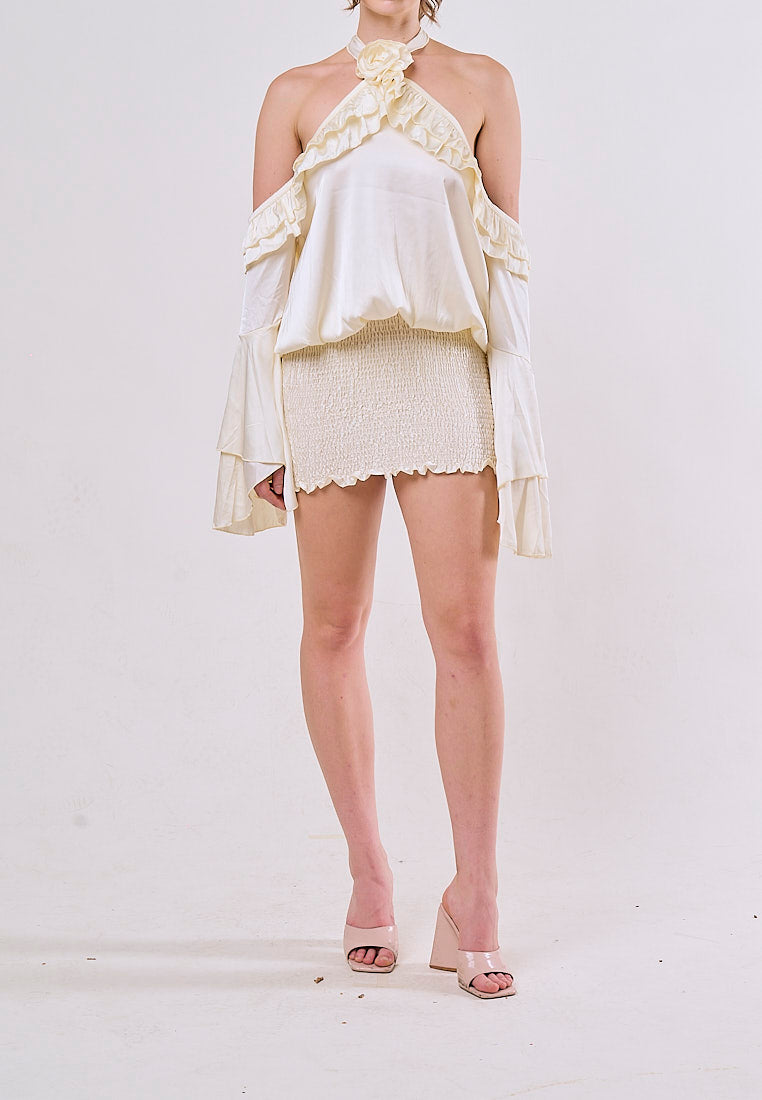 Pan Cream Halter Long Sleeved High Waisted Camisole Mini Dress