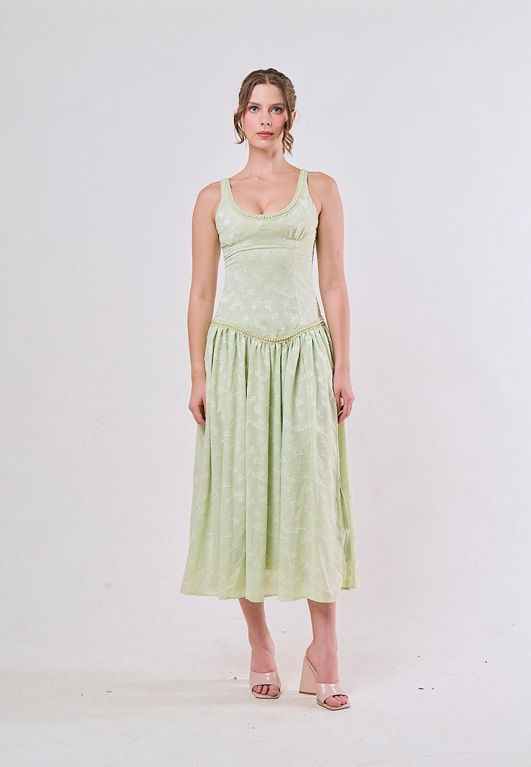 Kane Green Side Slit Beaded Elegant Midi Dress