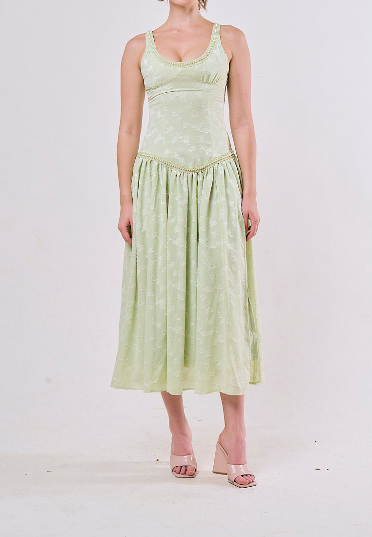 Kane Green Side Slit Beaded Elegant Midi Dress