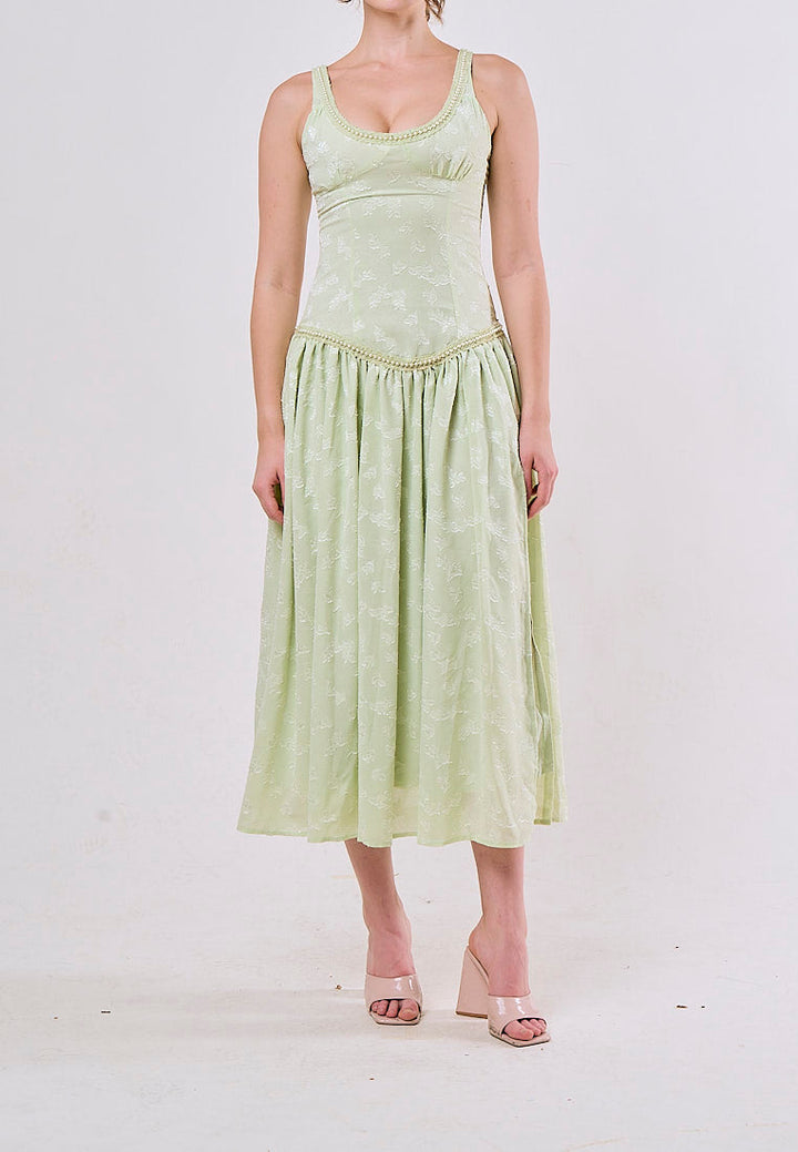 Kane Green Side Slit Beaded Elegant Midi Dress