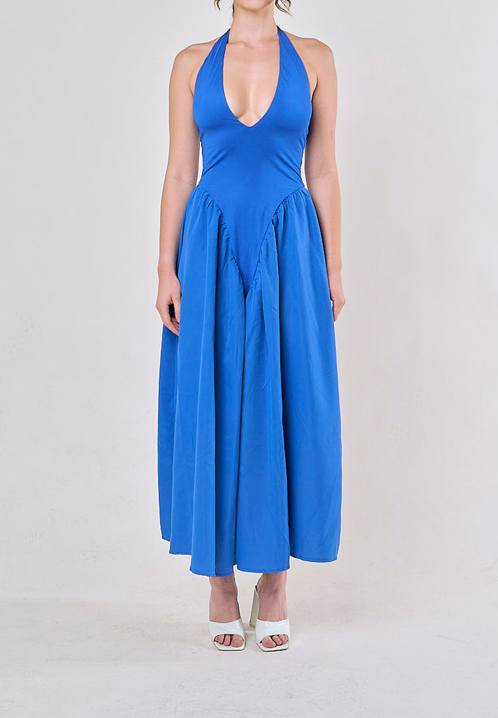 Dionysis Blue Halter Neck  Pleated Midi Dress