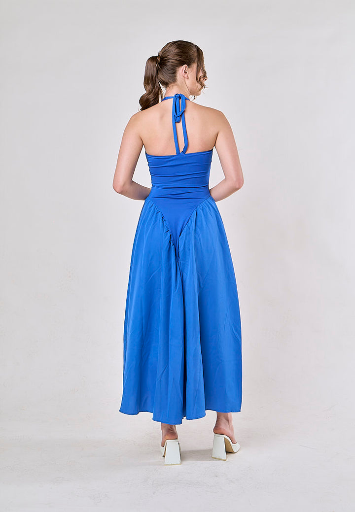 Dionysis Blue Halter Neck  Pleated Midi Dress