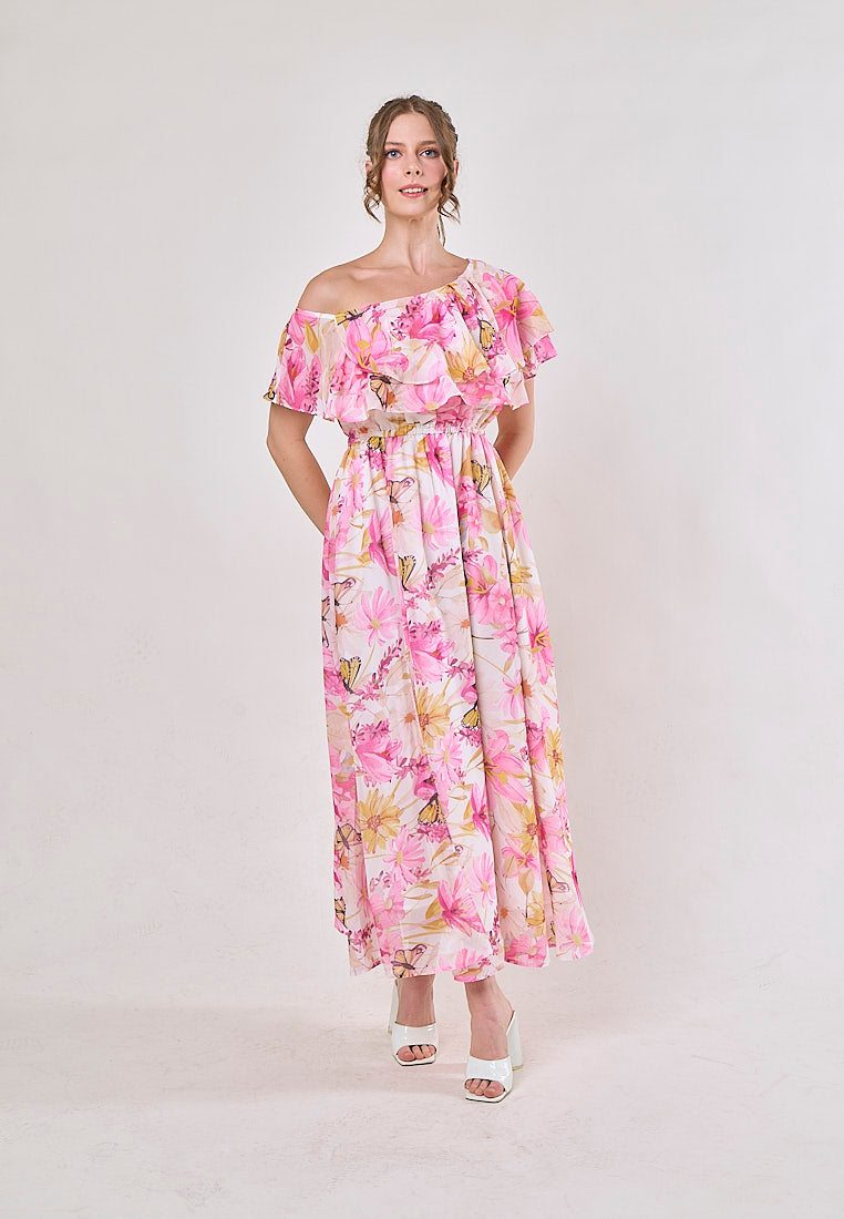 Thanh Pink Floral Pint Smocked Waist  Asymmetrical Maxi Dress