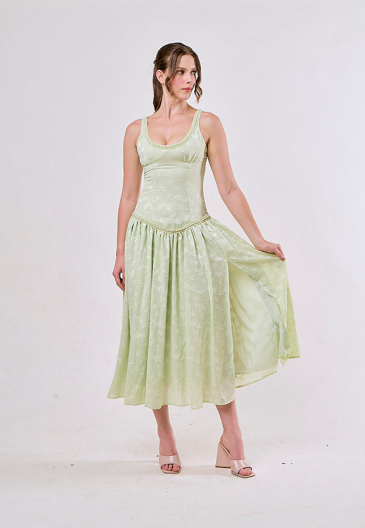Kane Green Side Slit Beaded Elegant Midi Dress