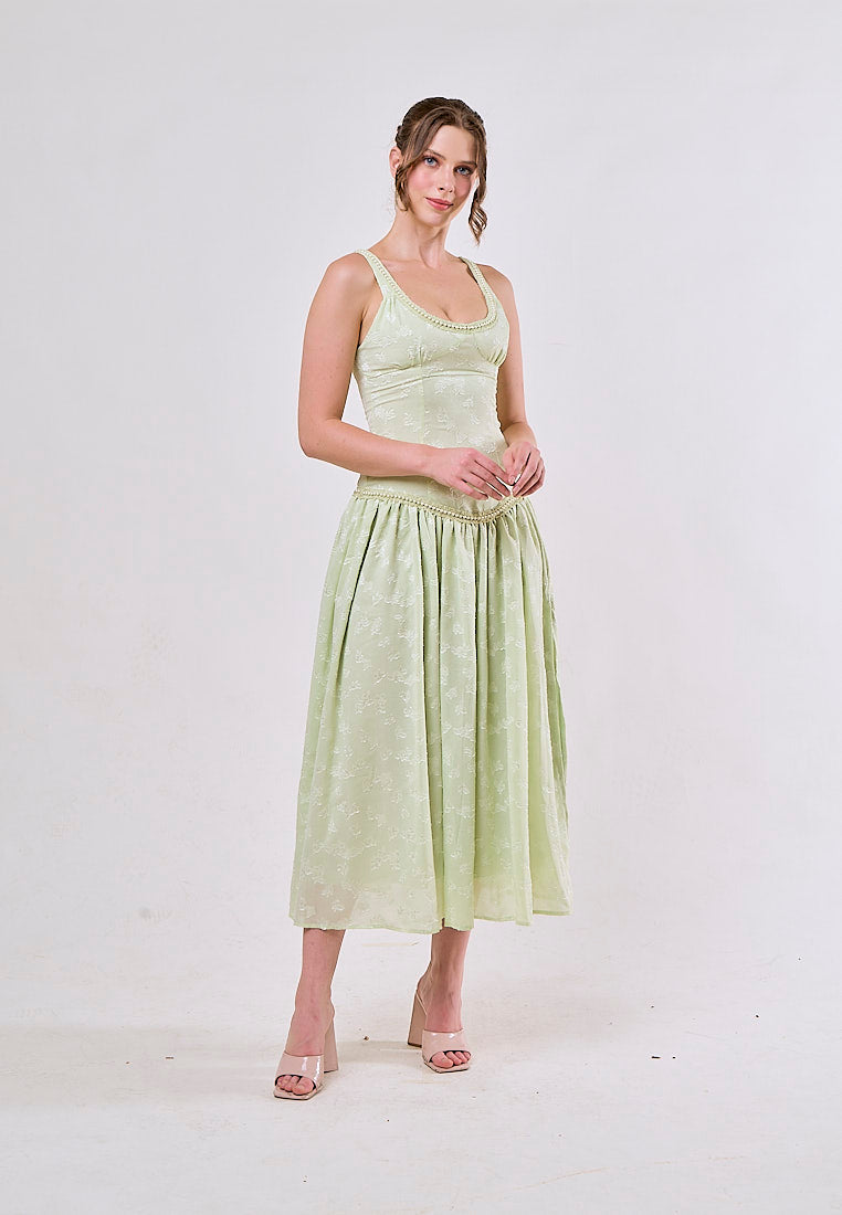 Kane Green Side Slit Beaded Elegant Midi Dress