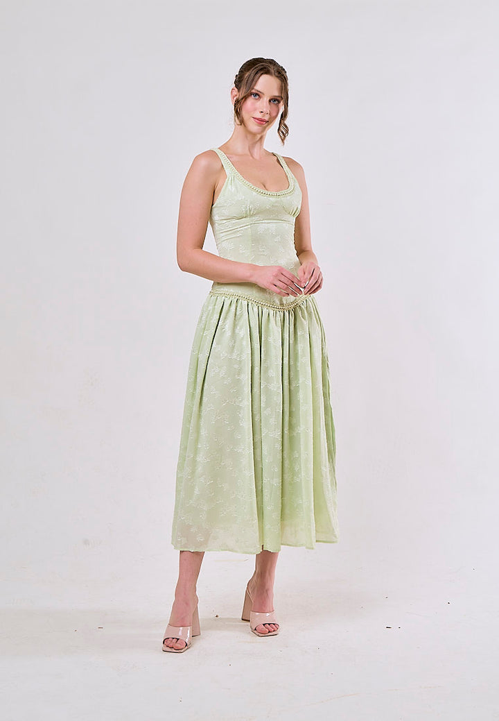 Kane Green Side Slit Beaded Elegant Midi Dress