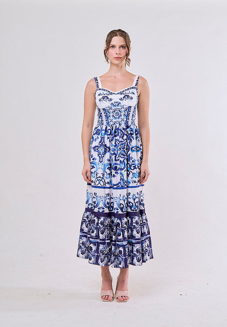 Boudicca Blue Sleeveless Bohemian Print Midi Dress