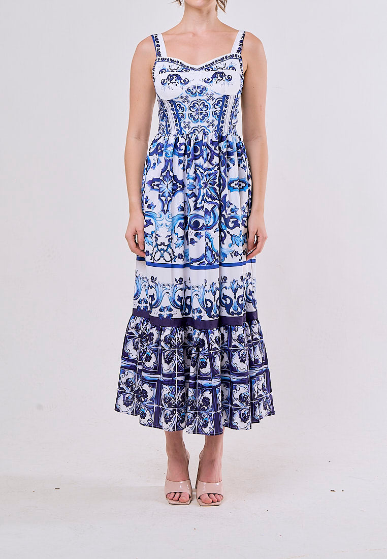 Boudicca Blue Sleeveless Bohemian Print Midi Dress