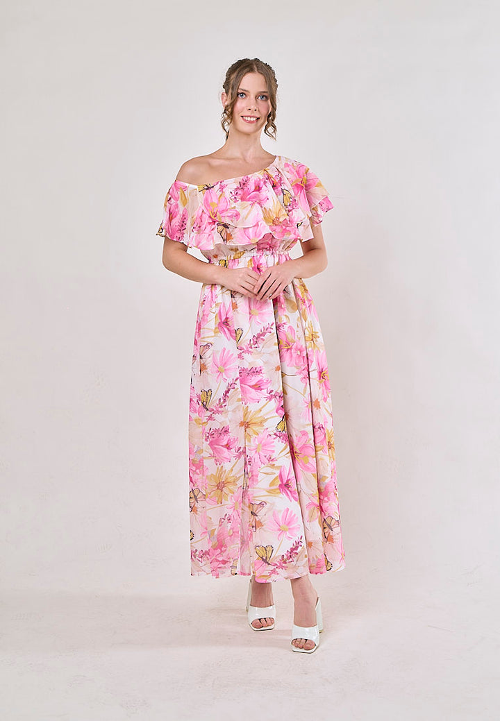 Thanh Pink Floral Pint Smocked Waist  Asymmetrical Maxi Dress