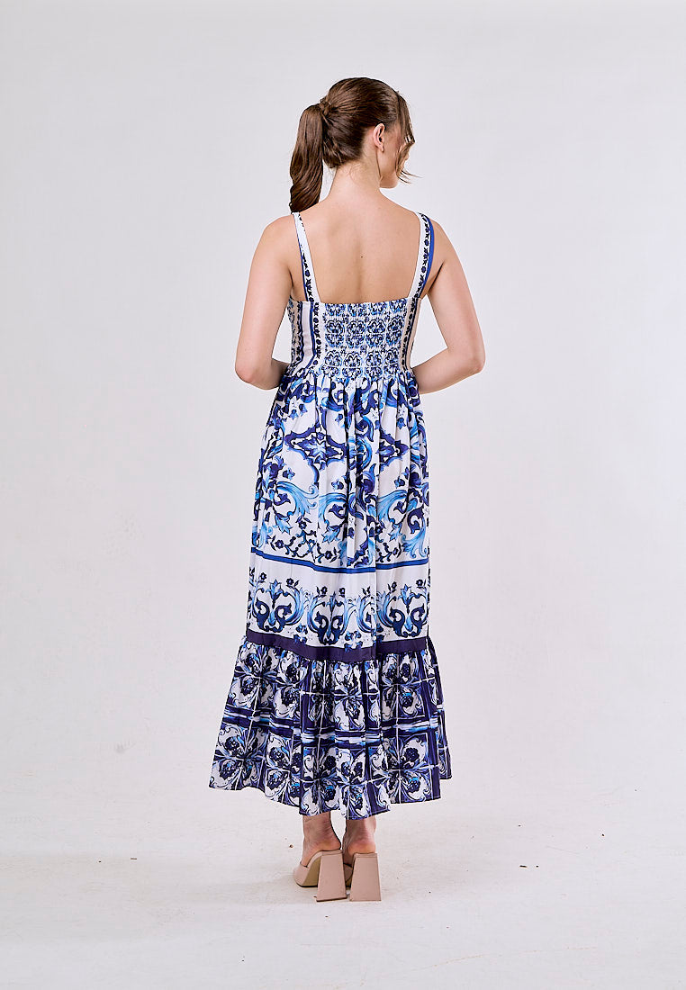 Boudicca Blue Sleeveless Bohemian Print Midi Dress