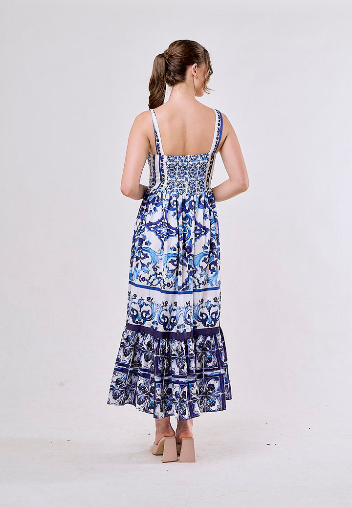 Boudicca Blue Sleeveless Bohemian Print Midi Dress