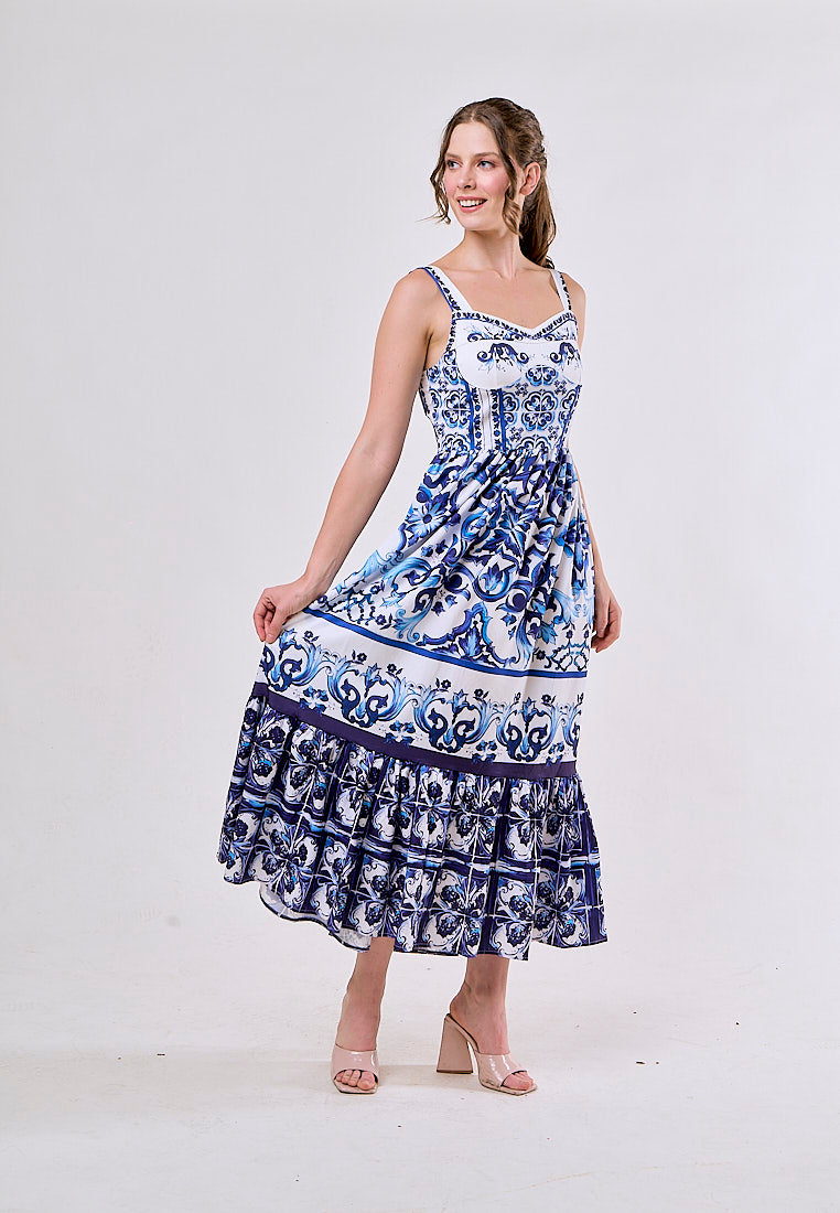 Boudicca Blue Sleeveless Bohemian Print Midi Dress